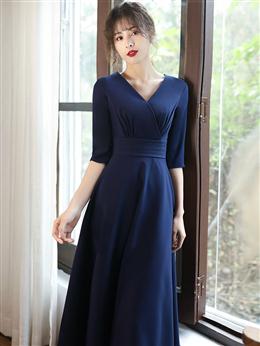 Picture of Navy Blue Simple V-neckline Wedding Party Dress, Blue Bridesmaid Dress